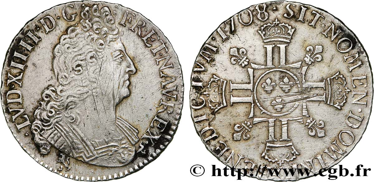 LOUIS XIV  THE SUN KING  Demi-écu aux huit L, 2e type 1708 Rennes AU/AU