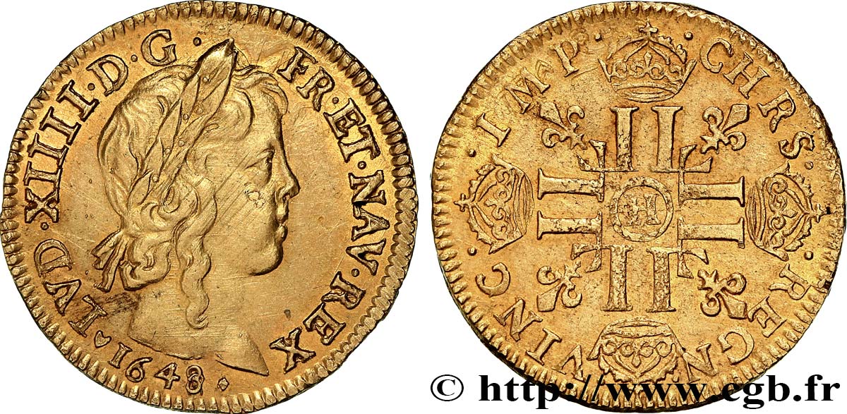 LOUIS XIV  THE SUN KING  Louis d’or aux huit L, portrait à la mèche longue 1648 La Rochelle MBC+/MBC