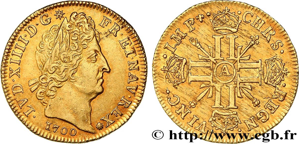 LOUIS XIV  THE SUN KING  Louis d’or aux huit L et aux insignes 1700 Paris AU