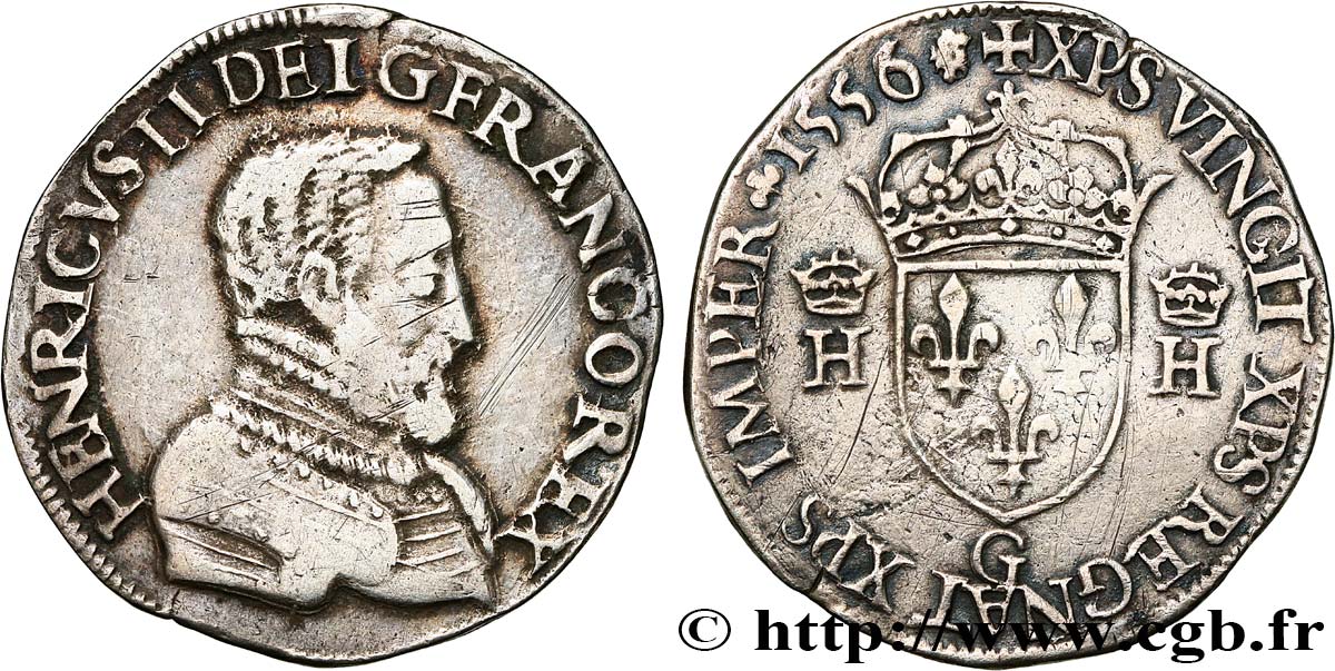 HENRI II Teston à la tête nue, 1er type 1556 Poitiers TTB