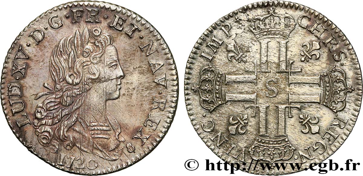LOUIS XV  THE WELL-BELOVED  Louis d’argent à la croix aux huit L couronnées 1720 Reims q.SPL
