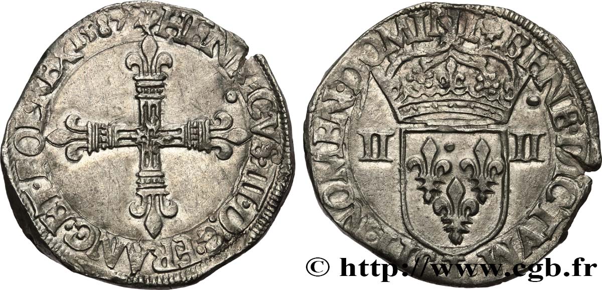 HENRI III Quart d&nbsp;écu, croix de face 1587 Nantes TTB+