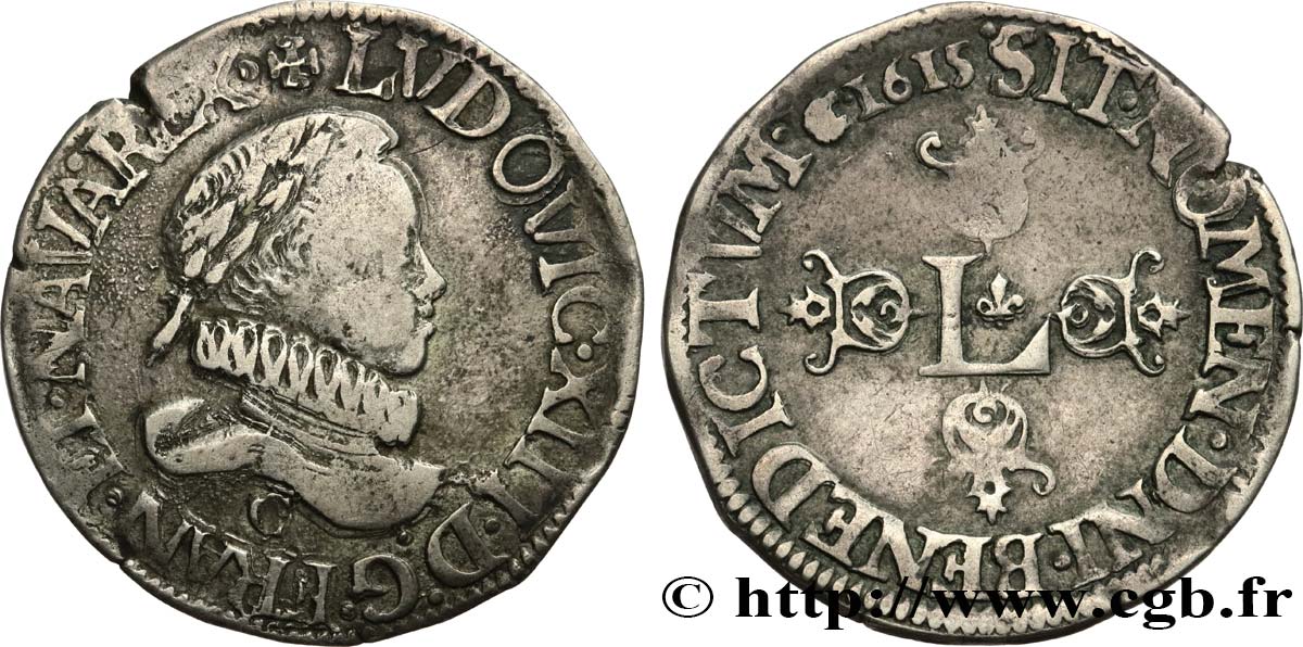 LOUIS XIII Demi-franc au grand buste lauré et au col fraisé 1615 Saint-Lô XF