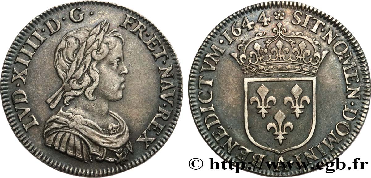 LOUIS XIV  THE SUN KING  Quart d écu, portrait à la mèche courte 1644 Paris, Monnaie de Matignon VZ