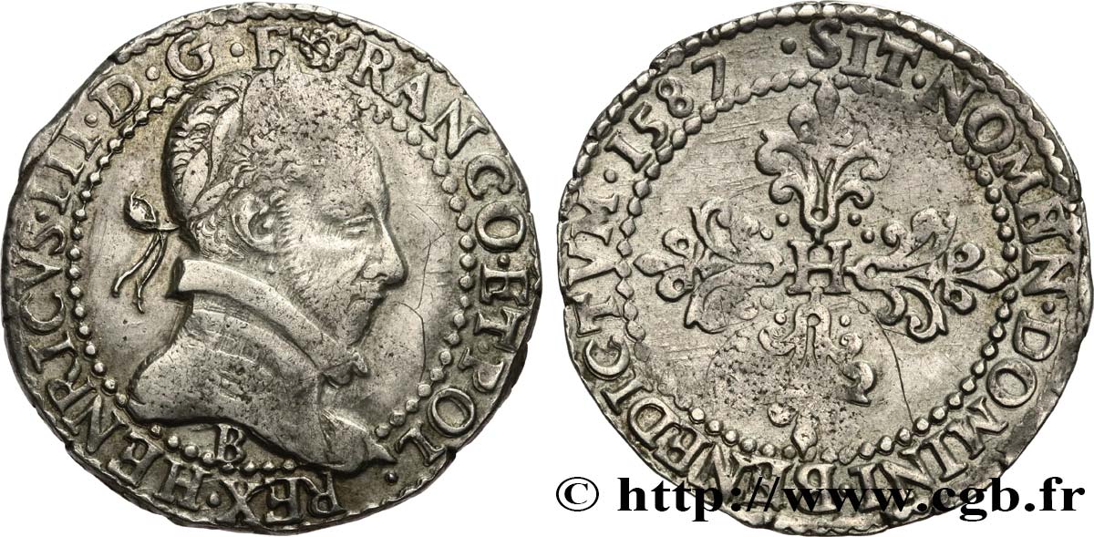 HENRY III Demi-franc au col plat 1587 Rouen XF/AU