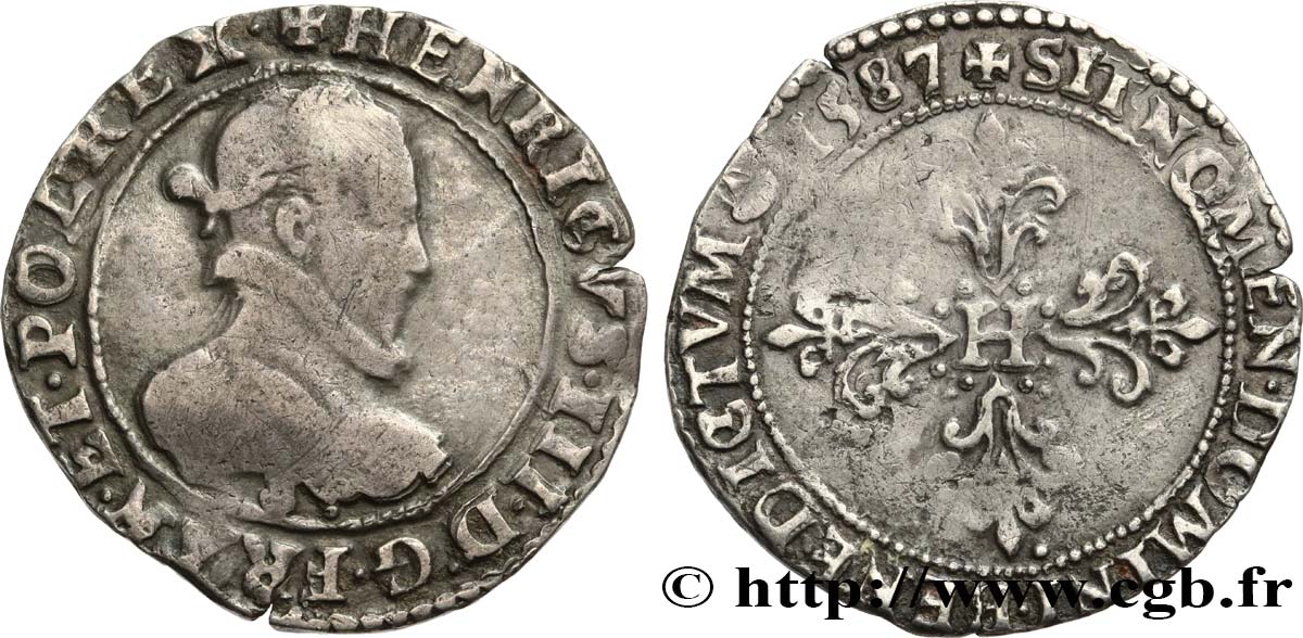 HENRI III Demi-franc au col plat 1587 Troyes TB+/TTB