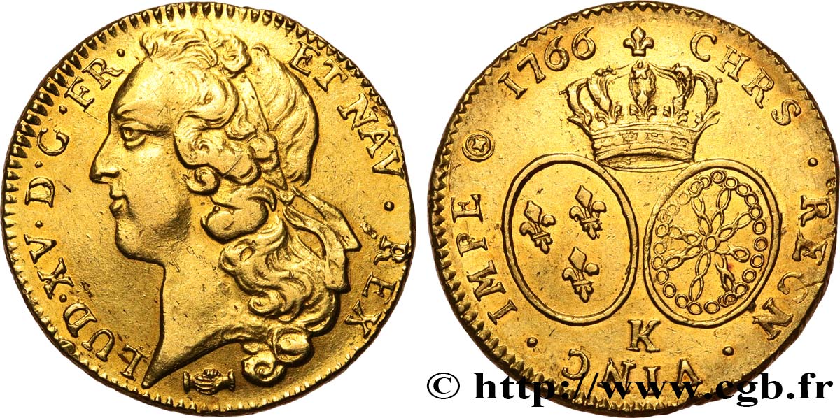 LOUIS XV  THE WELL-BELOVED  Double louis d’or aux écus ovales, tête ceinte d’un bandeau 1766 Bordeaux AU/AU