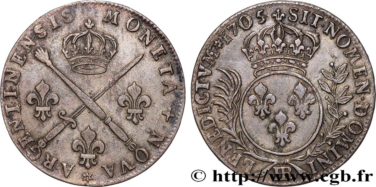 LOUIS XIV  THE SUN KING  Trente-trois sols aux insignes 1705 Strasbourg MBC+/EBC