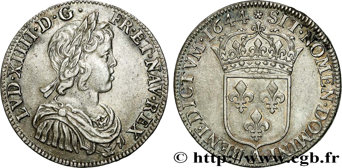 LOUIS XIV LE GRAND OU LE ROI SOLEIL Demi-écu, portrait à la mèche courte 1644 Paris, Monnaie de Matignon SUP