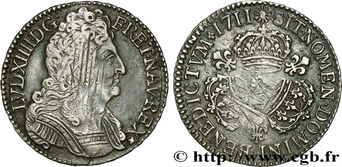 LOUIS XIV  THE SUN KING  Demi-écu aux trois couronnes 1711 Perpignan MBC