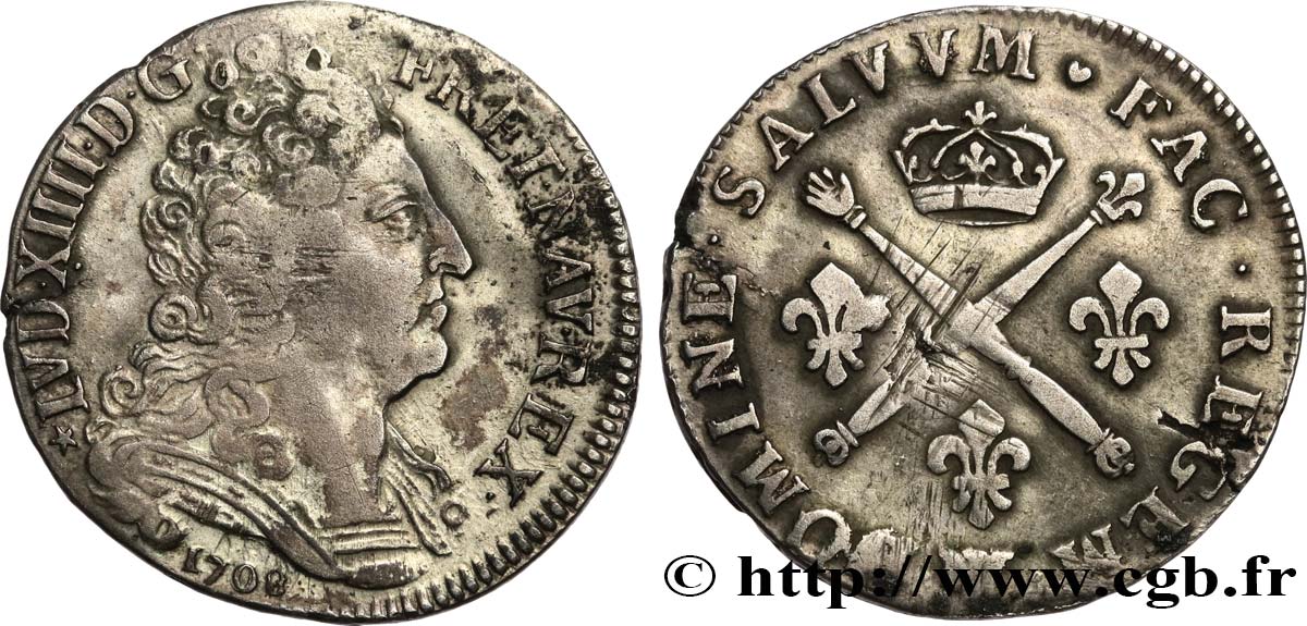 LOUIS XIV  THE SUN KING  20 sols aux insignes 1708 Lille q.BB