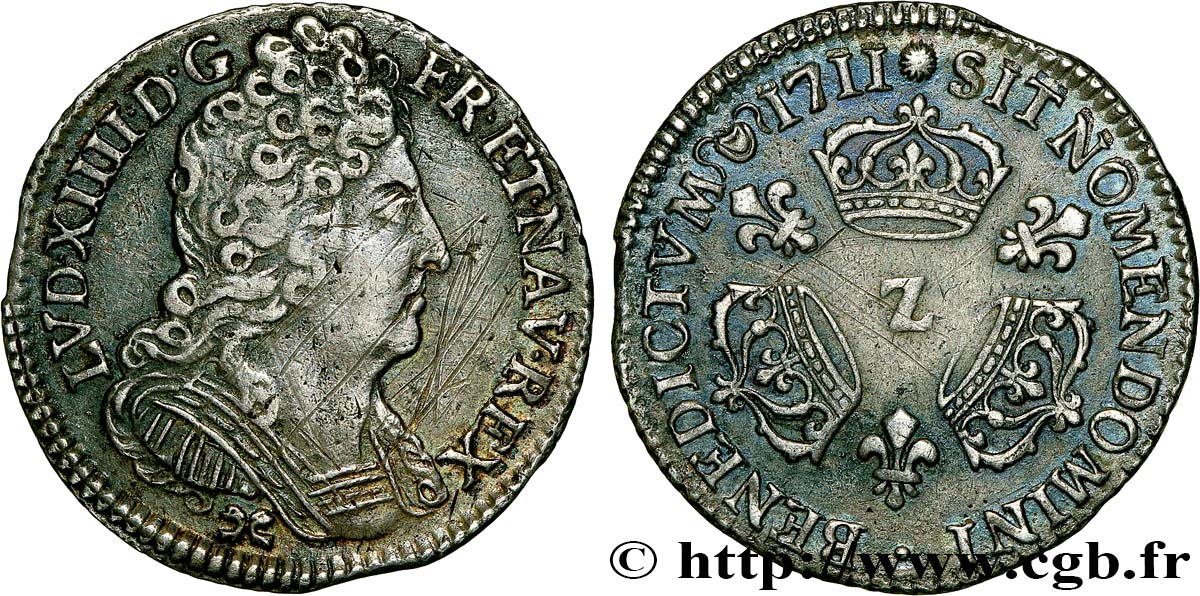 LOUIS XIV  THE SUN KING  Dixième d écu aux trois couronnes 1711 Grenoble AU