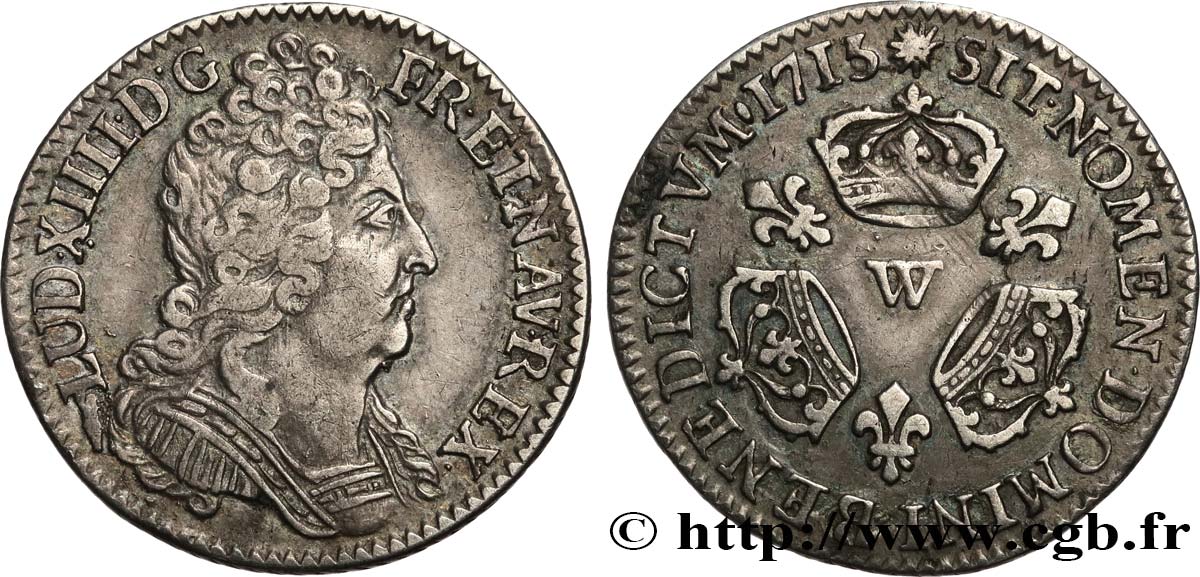 LOUIS XIV  THE SUN KING  Dixième d écu aux trois couronnes 1715 Lille SS