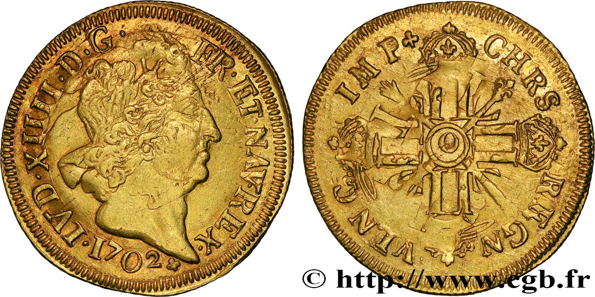 LOUIS XIV  THE SUN KING  Double louis d or aux huit L et aux insignes 1702 Riom SS