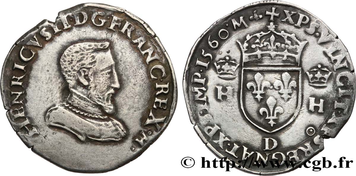 FRANÇOIS II. MONNAYAGE AU NOM D HENRI II Demi-teston à la tête nue, 1er type 1560 Lyon TTB+