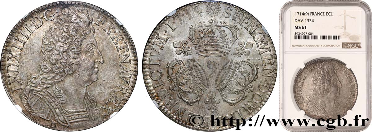 LOUIS XIV  THE SUN KING  Écu aux trois couronnes 1714 Rennes VZ61