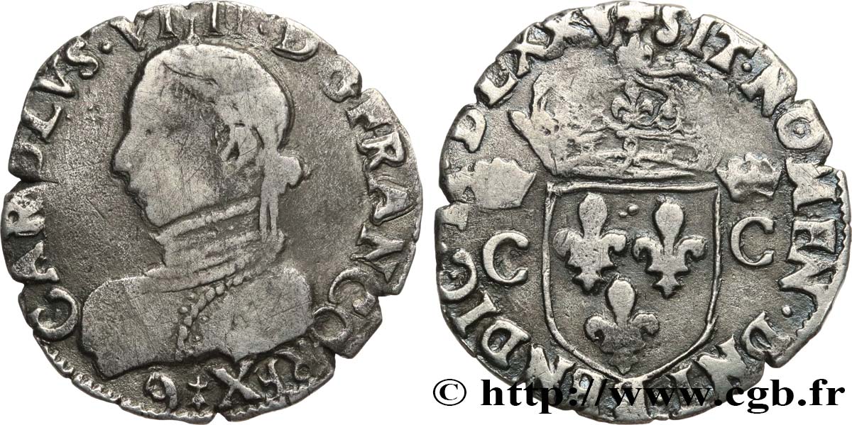 HENRY III. COINAGE AT THE NAME OF CHARLES IX Demi-teston, 2e type 1575 Rennes q.BB/BB
