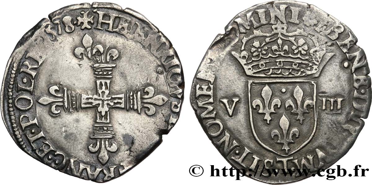HENRI III Huitième d écu, croix de face 1578 Nantes TTB
