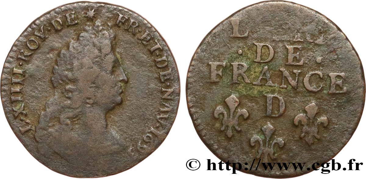 LOUIS XIV LE GRAND OU LE ROI SOLEIL Liard, 3e type, buste âgé 1693 Lyon TB