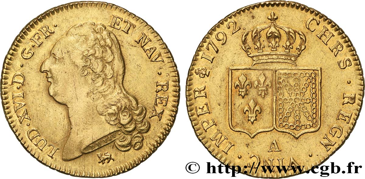 LOUIS XVI Double louis d’or aux écus accolés 1792 Paris fVZ