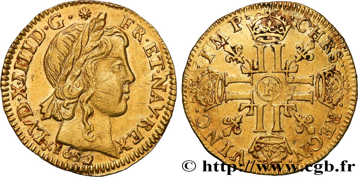 LOUIS XIV  THE SUN KING  Louis d’or aux huit L, portrait à la mèche longue 1652 Angers SC/EBC