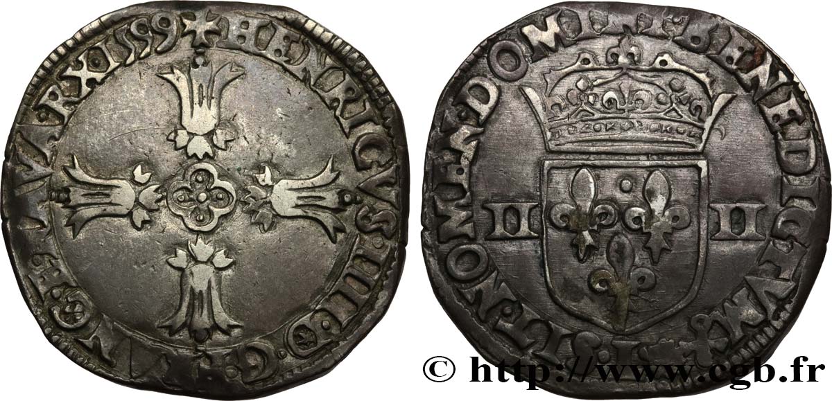 HENRI IV LE GRAND Quart d écu, croix feuillue de face 1599 Bayonne TTB