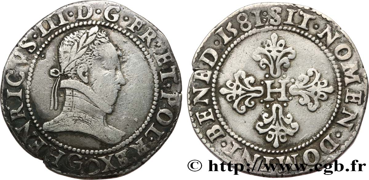 HENRY III Franc au col plat 1581 Poitiers XF