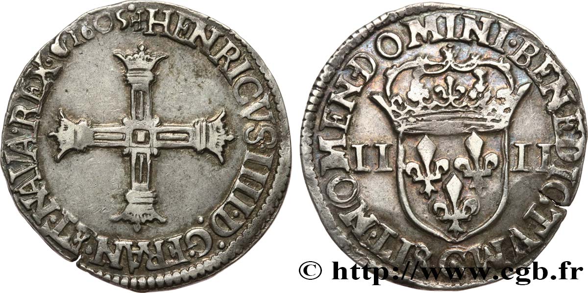 HENRY IV Quart d écu, croix bâtonnée et couronnée de face 1605 Saint-Lô fVZ