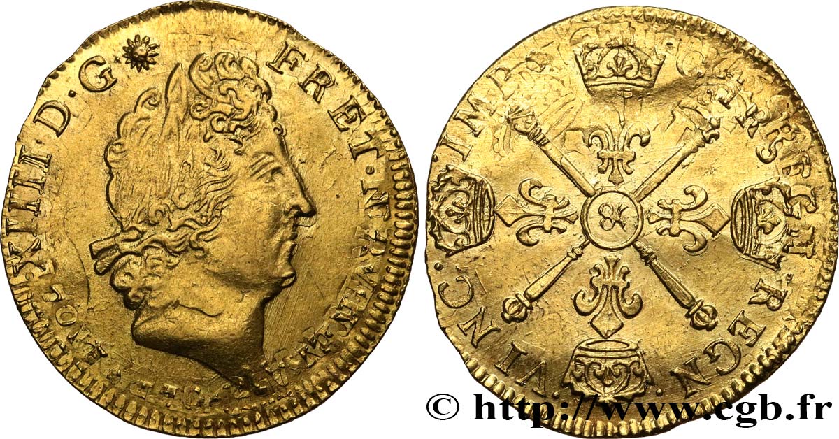 LOUIS XIV  THE SUN KING  Louis d or aux insignes, portrait aux cheveux courts, fausse réformation 1704 Aix-en-Provence SS