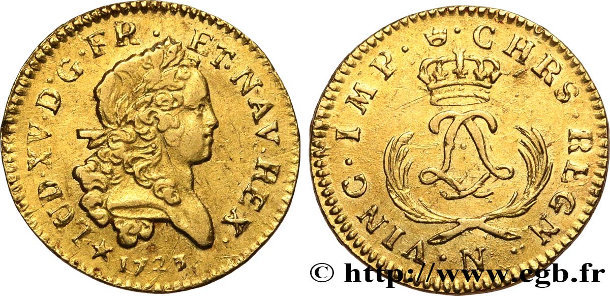 LOUIS XV  THE WELL-BELOVED  Louis d or aux deux L entrelacées et aux palmes courtes 1723 Montpellier XF