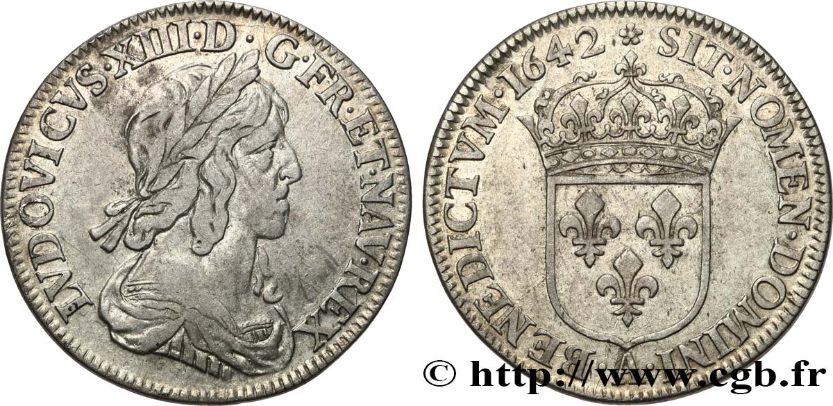 LOUIS XIII LE JUSTE Quart d écu d argent, 3e type, 2e poinçon de Warin 1642 Paris, Monnaie de Matignon TTB