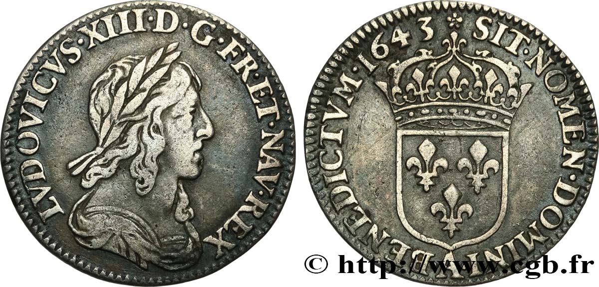 LOUIS XIII LE JUSTE Douzième d écu, 3e type, 2e poinçon de Warin 1643 Paris, Monnaie de Matignon TB+/TTB