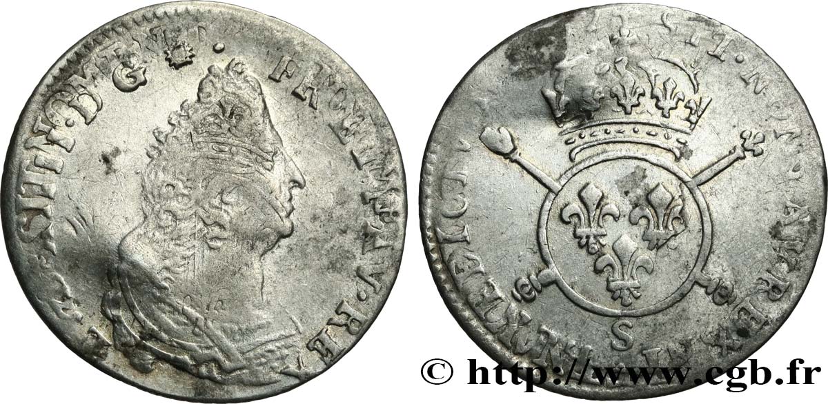 LOUIS XIV  THE SUN KING  Douzième d écu aux insignes 1702 Reims MB/q.BB