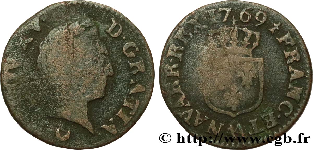 LOUIS XV  THE WELL-BELOVED  Liard dit “à la vieille tête” 1769 Metz q.MB/MB