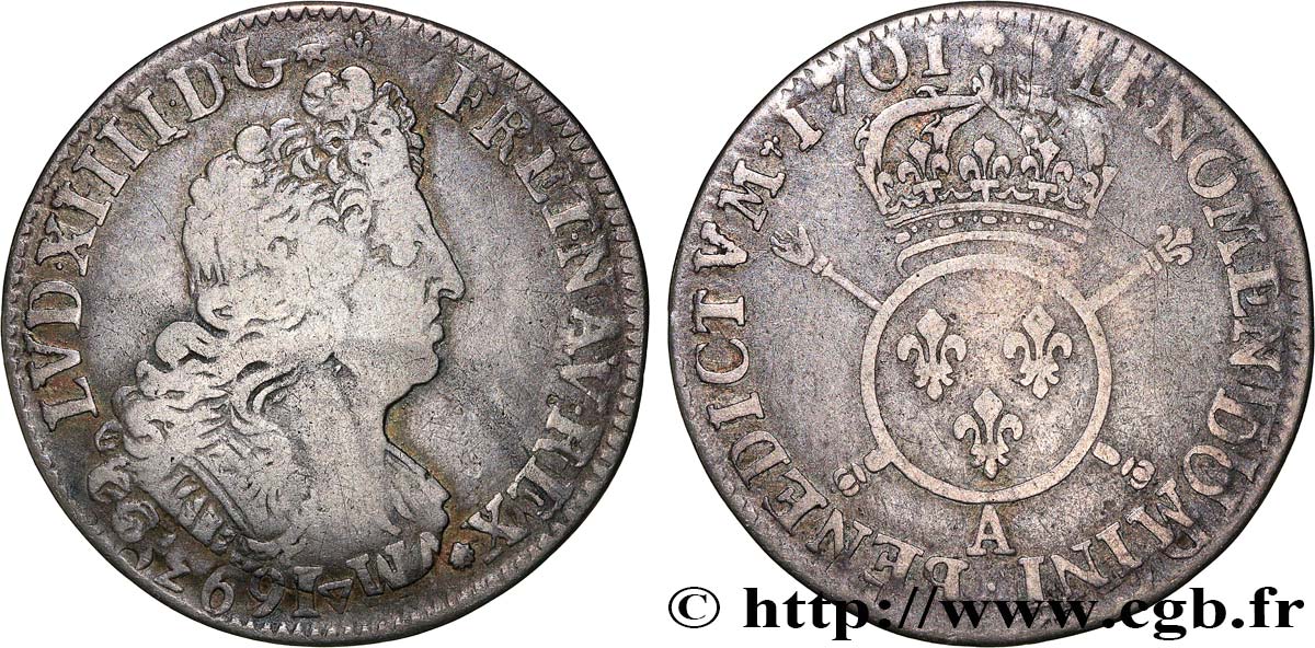 LOUIS XIV  THE SUN KING  Quart d écu aux insignes 1701 Paris MB/q.BB