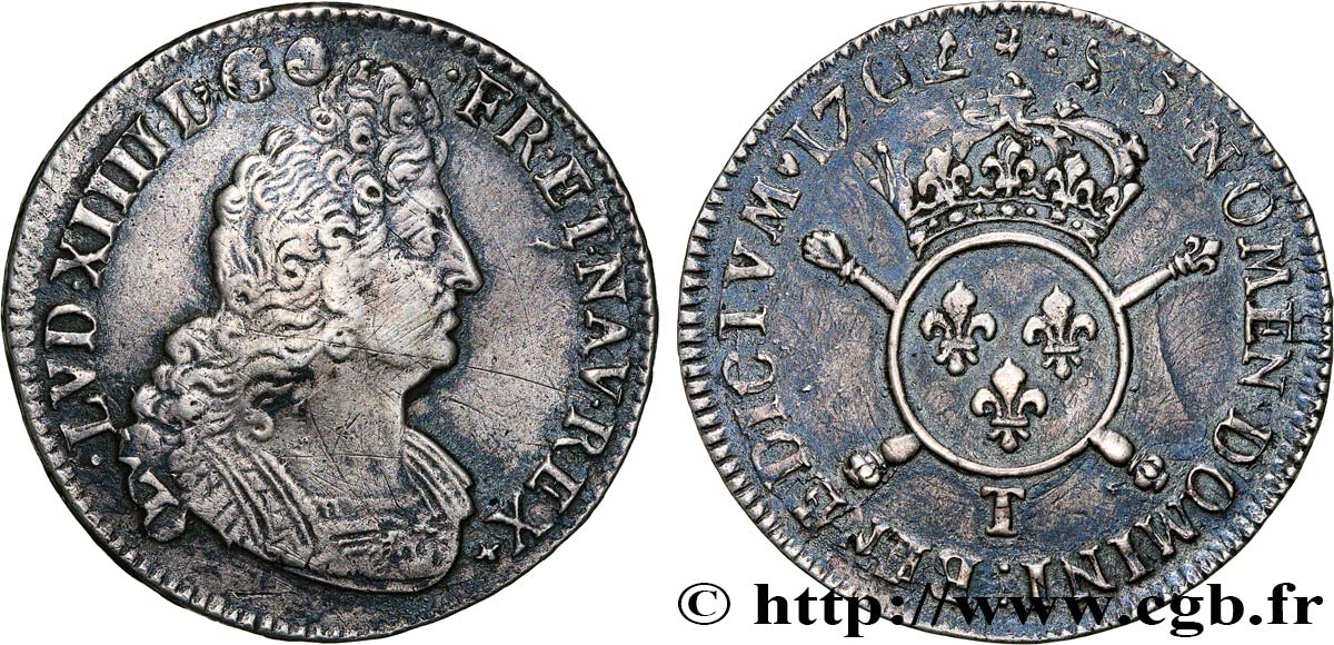 LOUIS XIV  THE SUN KING  Demi-écu aux insignes 1702 Nantes MBC