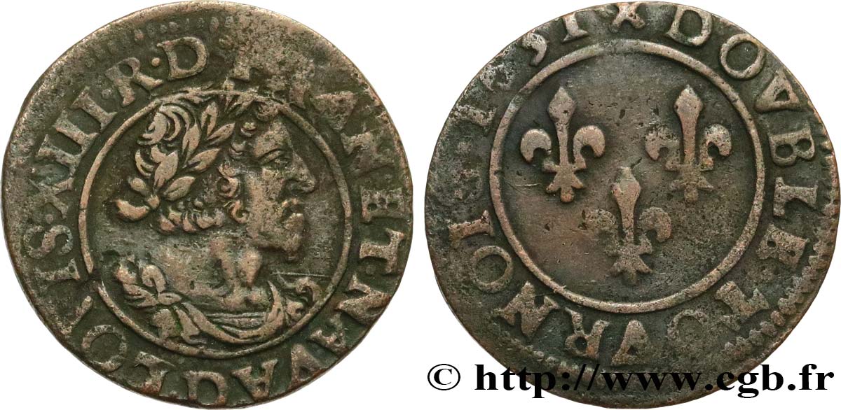LOUIS XIII  Double tournois, type 7 de Lyon, buste viril barbu et drapé 1631 Lyon q.BB