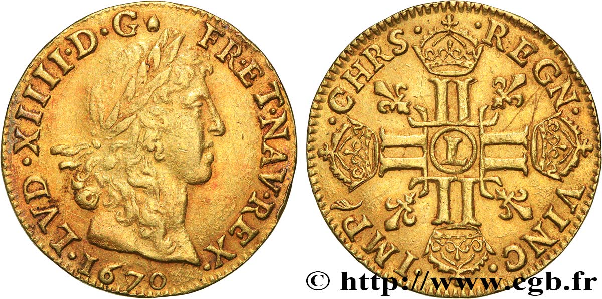 LOUIS XIV  THE SUN KING  Louis d or aux huit L, portrait apollinien 1670 Bayonne q.SPL