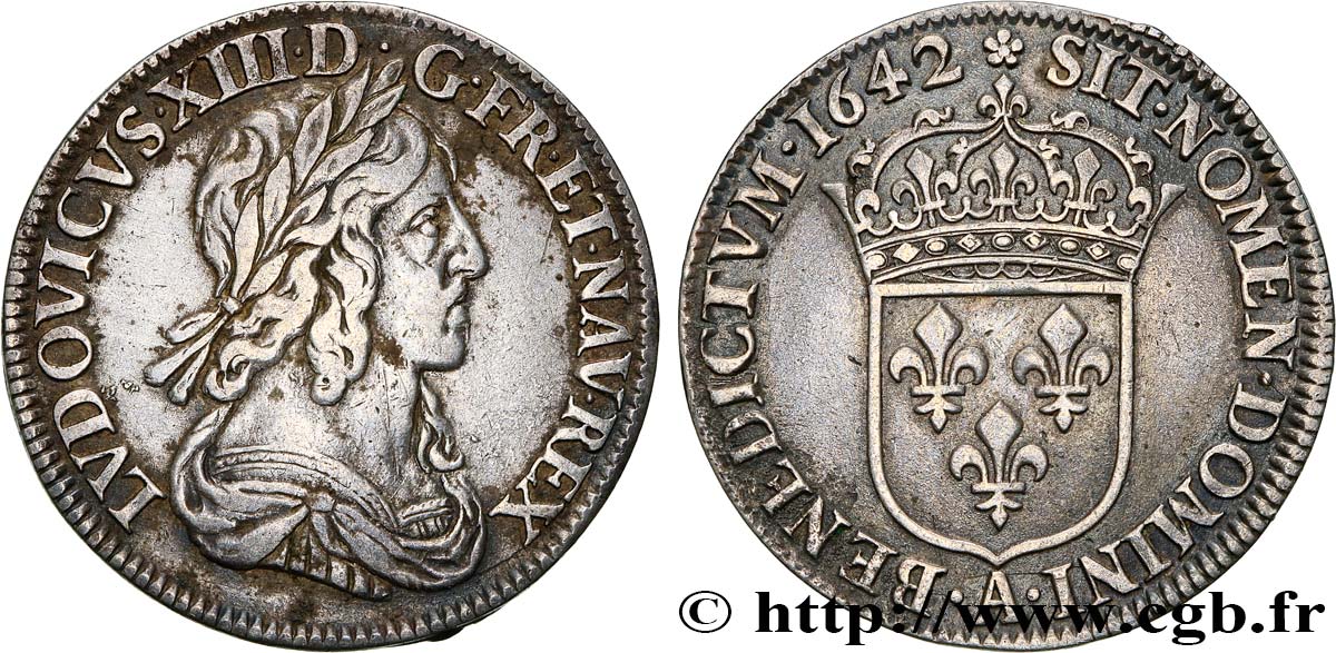 LOUIS XIII LE JUSTE Quart d écu d argent, 3e type, 2e poinçon de Warin 1642 Paris, Monnaie de Matignon TTB/TTB+