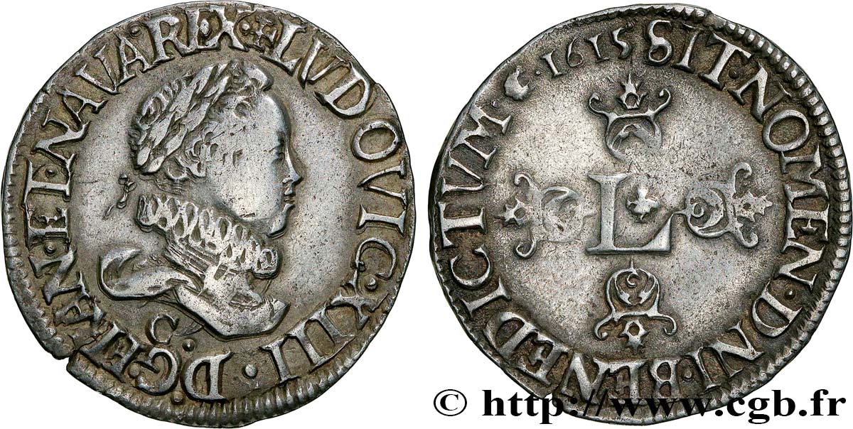 LOUIS XIII  Demi-franc au grand buste lauré et au col fraisé 1615 Saint-Lô BC+/MBC