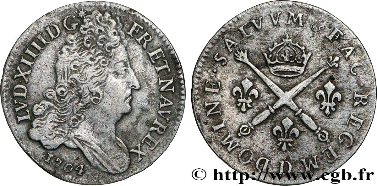 LOUIS XIV  THE SUN KING  10 sols aux insignes 1704 Lyon MBC