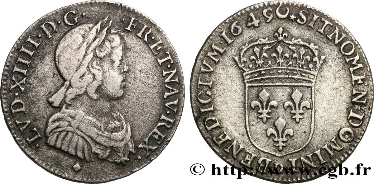 LOUIS XIV  THE SUN KING  Quart d écu, portrait à la mèche courte 1649 Lyon VF/XF