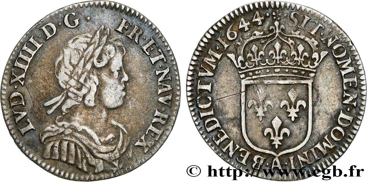 LOUIS XIV LE GRAND OU LE ROI SOLEIL Douzième d écu à la mèche courte 1644 Paris, Monnaie de Matignon TTB