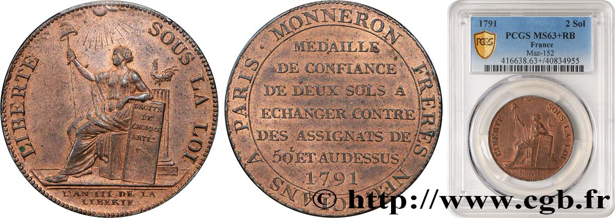 REVOLUTION COINAGE / CONFIANCE (MONNAIES DE…) Monneron de 2 sols à la Liberté 1791 Birmingham, Soho MS63