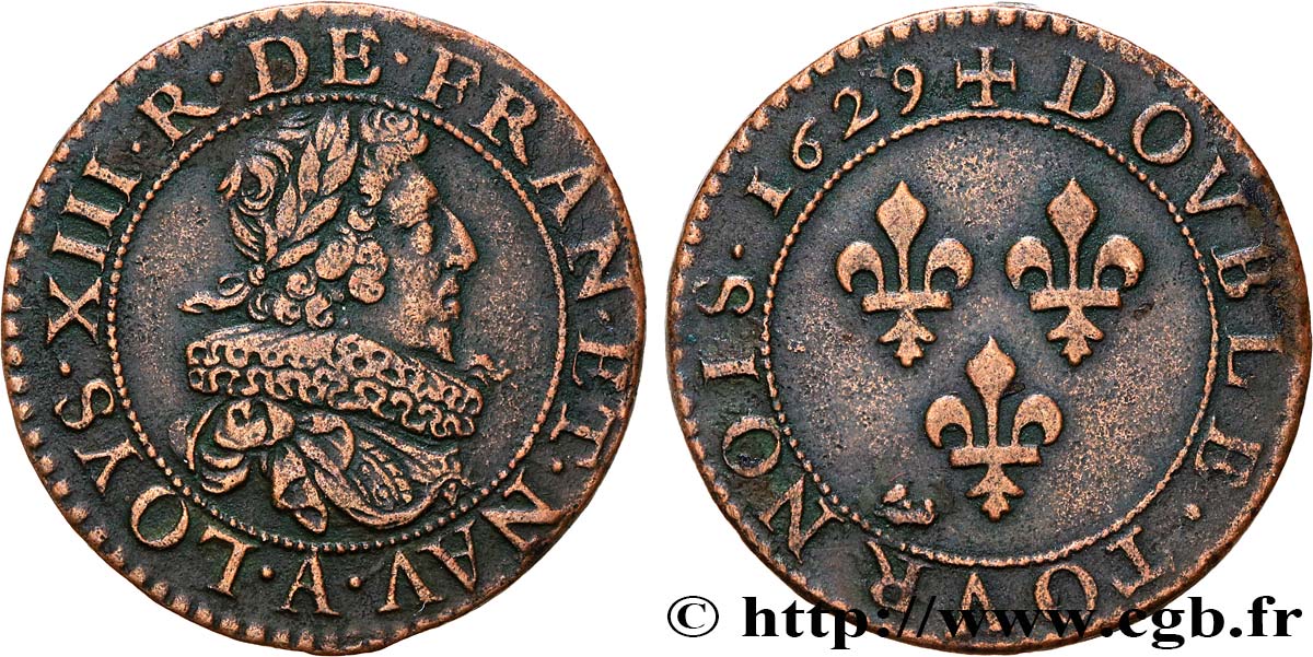 LOUIS XIII LE JUSTE Double tournois, type 6 de Paris 1629 Paris TTB+