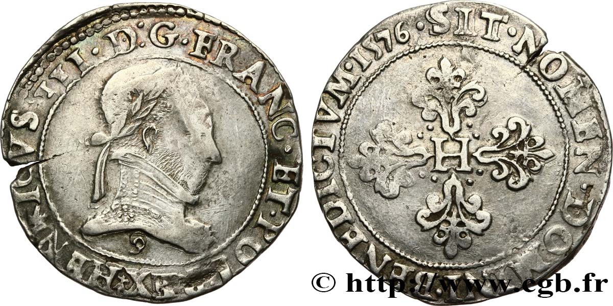 HENRY III Franc au col plat 1576 Rennes VF/XF