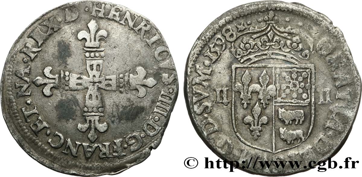HENRY IV Quart d écu de Béarn 1598 Pau MBC/BC+