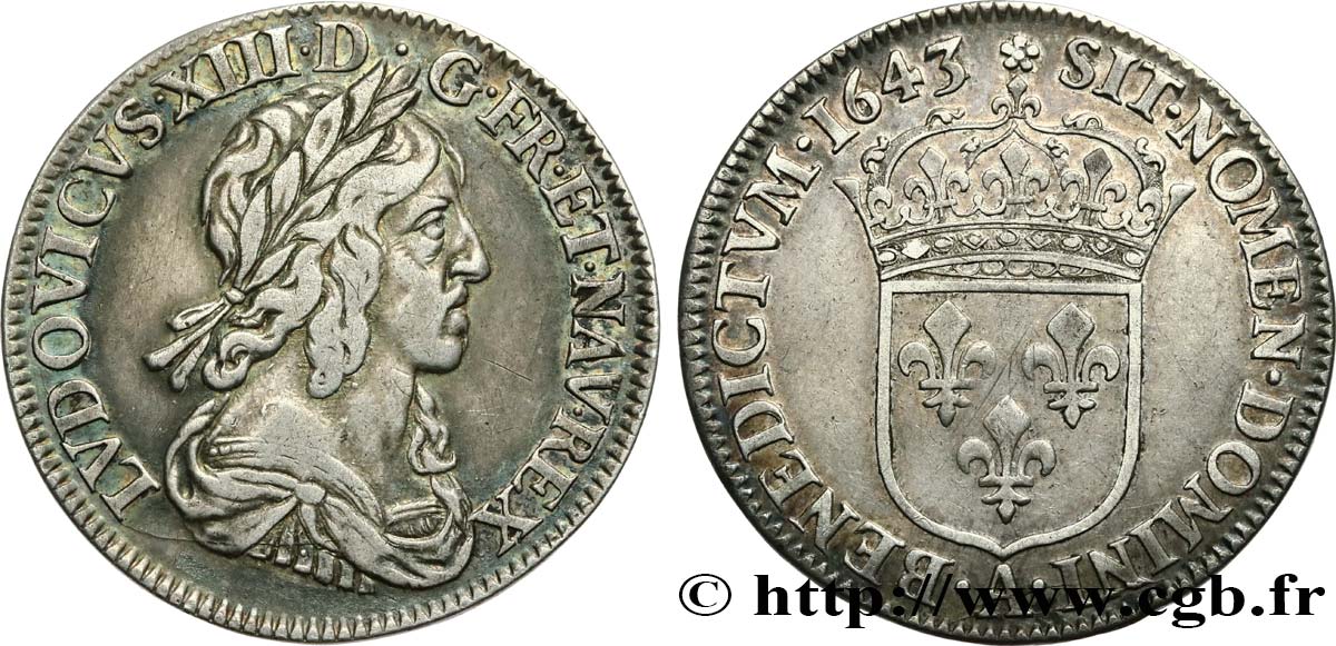 LOUIS XIII Quart d écu d argent, 3e type, 2e poinçon de Warin 1643 Paris, Monnaie de Matignon XF/AU
