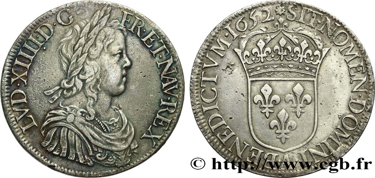 LOUIS XIV  THE SUN KING  Écu à la mèche longue 1652 Paris XF
