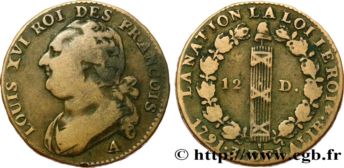 LOUIS XVI (MONARQUE CONSTITUTIONNEL)  12 deniers dit  au faisceau , type FRANCOIS 1791 Paris, Monnaie du Louvre TB+/TTB